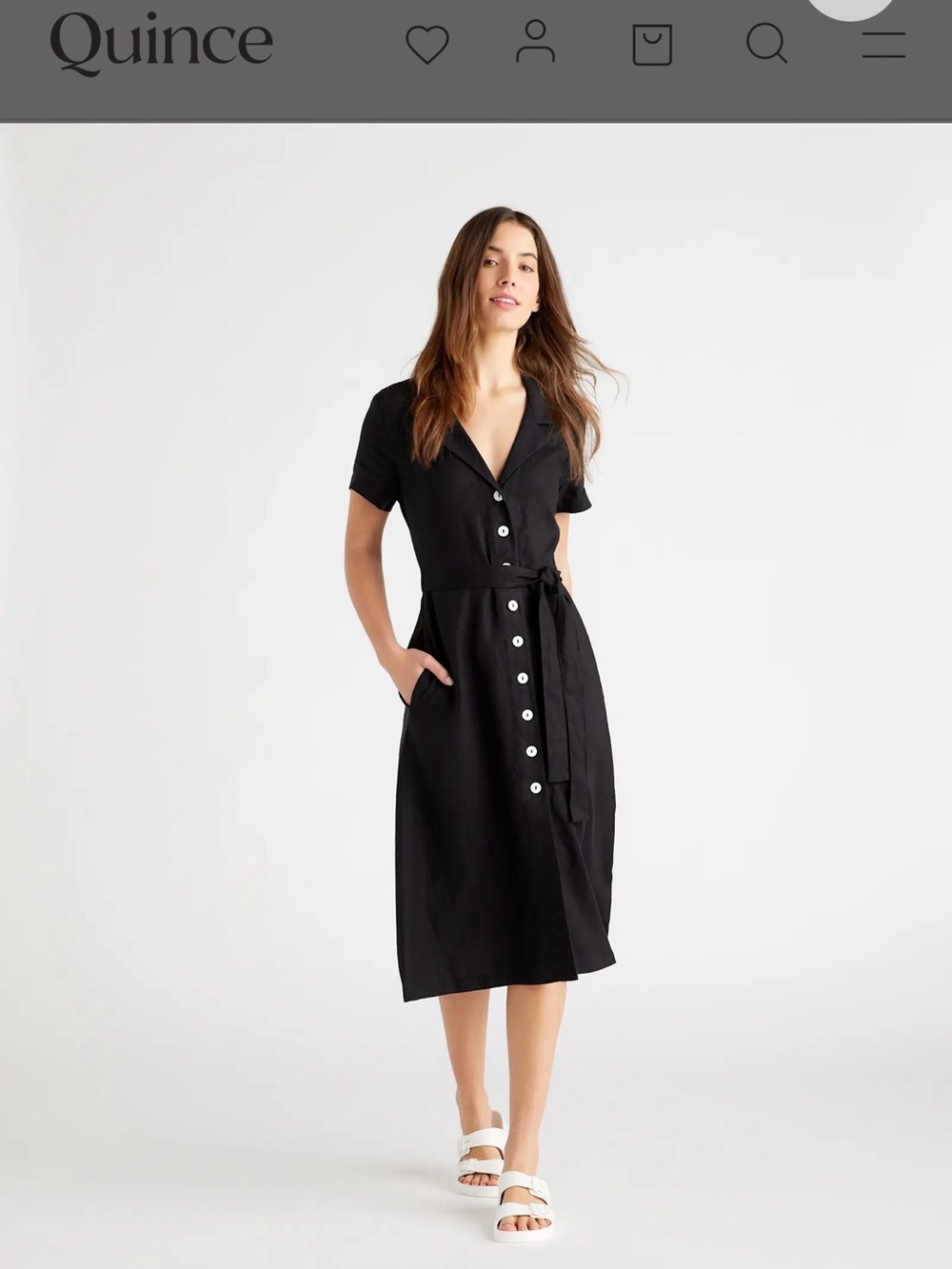 Quince Black Button-Front Tie-Waist Midi Dress
